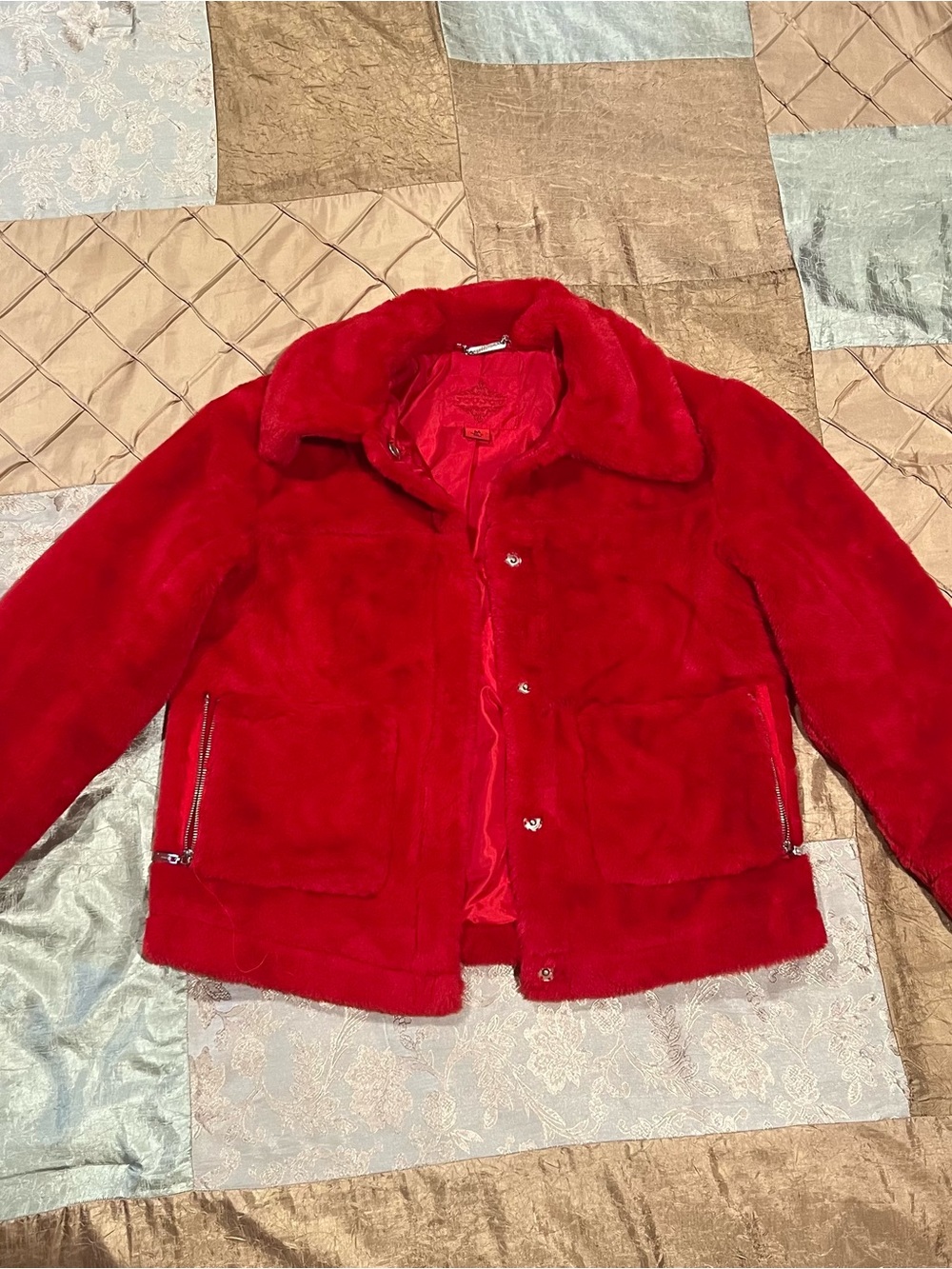 JouJou Women's Red Faux Fur Jacket - Classic Collared Coat